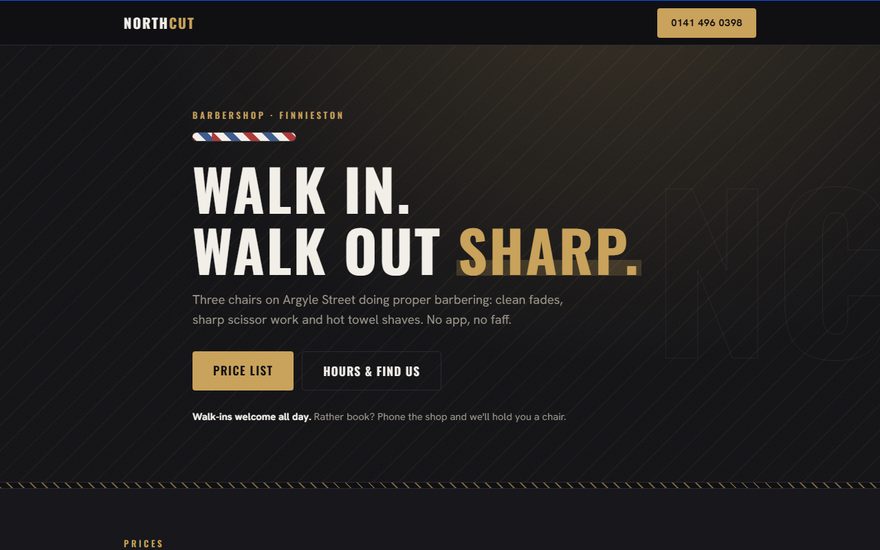 Example website for North Cut Barbers, a barbershop