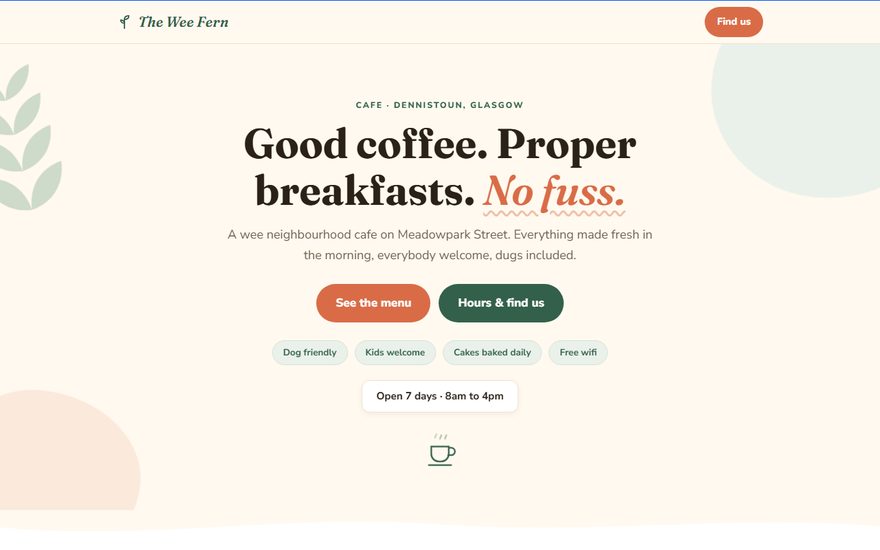 Example website for The Wee Fern, a neighbourhood cafe