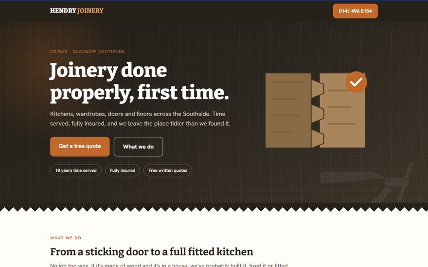 Example website for Hendry Joinery, a joiner in Glasgow's Southside
