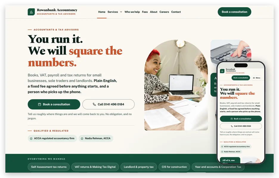 An accountant's website shown on a laptop screen and on an iPhone, opening with the services and a booking button
