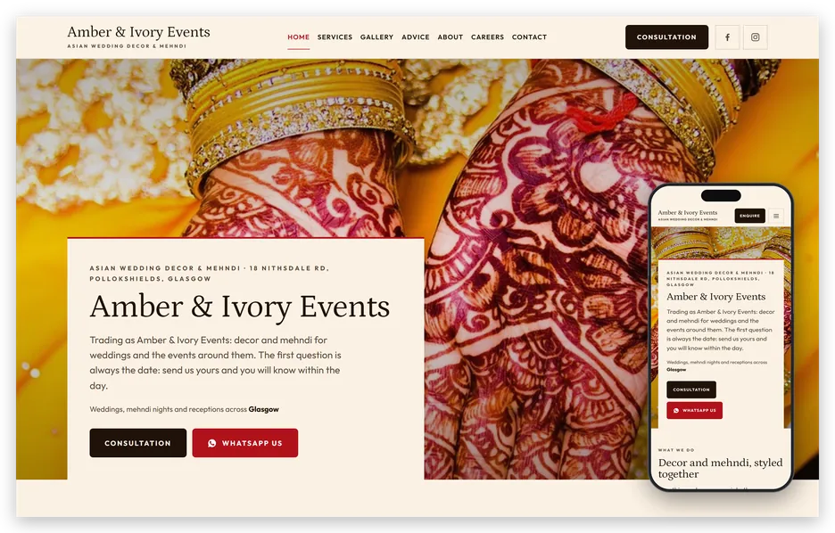 An events and wedding decor website shown on a laptop screen and on an iPhone, opening on mehndi detail