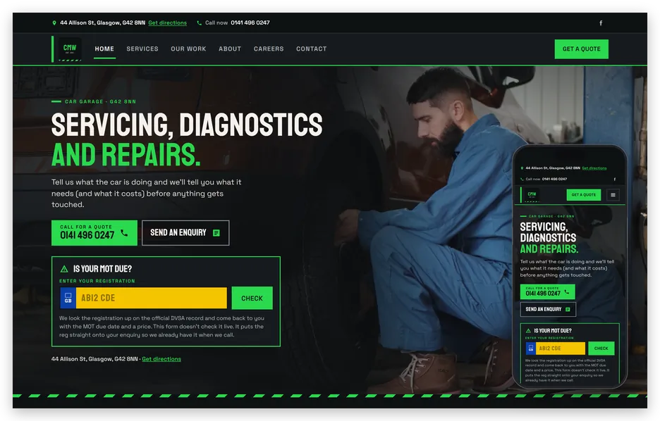 A garage website shown on a laptop screen and on an iPhone, opening on a mechanic at work