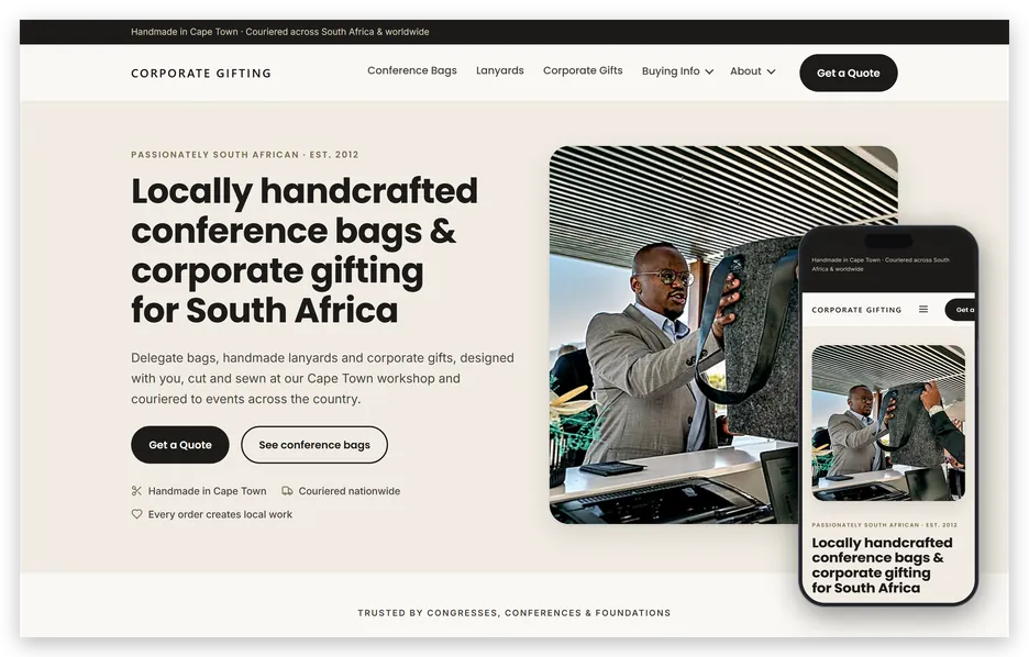 A corporate gifting website shown on a laptop screen and on an iPhone, opening with the handmade bags it sells