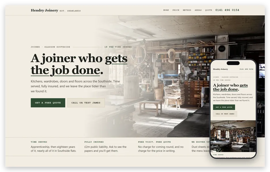 A joiner's website shown on a laptop screen and on an iPhone, opening on a workshop photograph
