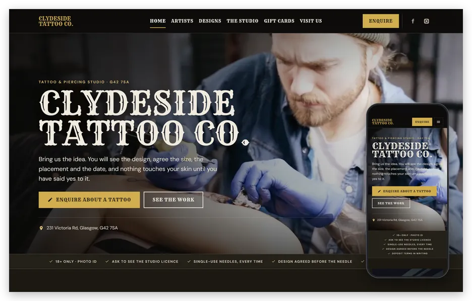 A tattoo studio website shown on a laptop screen and on an iPhone, opening on an artist mid-tattoo