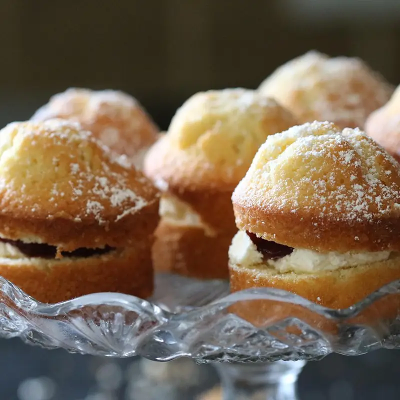 Small sponge cakes filled with jam and cream on a glass cake stand