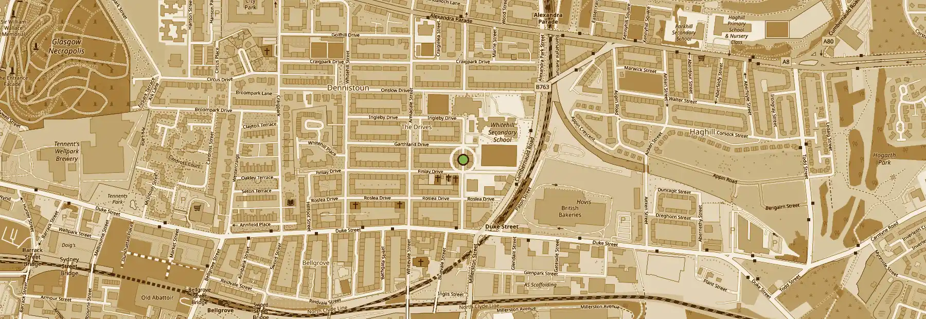 Map of Dennistoun showing the cafe on Meadowpark Street, between Duke Street to the south and Alexandra Park to the north east