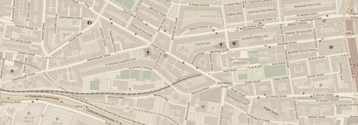 Map of Finnieston showing the shop on Argyle Street, between Kelvinhaugh and Finnieston Cross, with Kelvingrove to the north and the Clydeside Expressway to the south